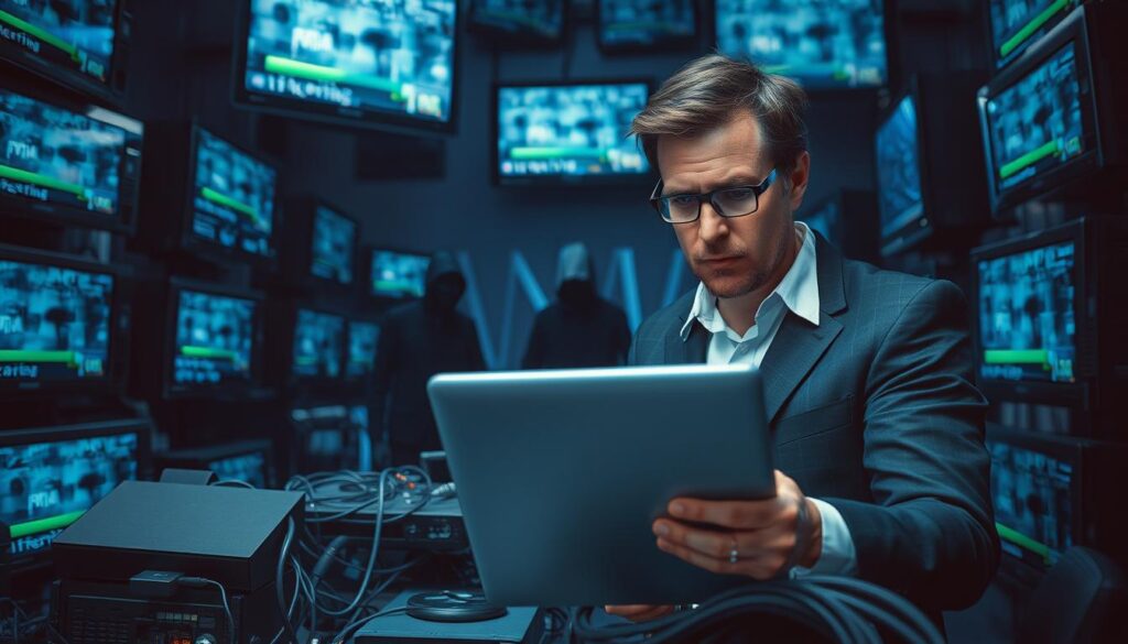 A dimly lit room filled with multiple television screens displaying distorted images and buffering icons, reflecting the instability of unreliable IPTV services. In the foreground, a concerned individual in professional attire is inspecting a laptop, highlighting the risks of security breaches. Their expression shows alarm and uncertainty. In the middle ground, a chaotic assembly of cables and malfunctioning devices represents the technical issues commonly associated with unreliable providers. The background features shadowy figures representing hacking threats, creating a tense atmosphere. The overall mood is somber and cautionary, with cool blue and gray tones. The image is shot with a shallow depth of field, focusing sharply on the individual while blurring the chaotic elements behind them. A dimly lit room filled with multiple television screens displaying distorted images and buffering icons, reflecting the instability of unreliable IPTV services. In the foreground, a concerned individual in professional attire is inspecting a laptop, highlighting the risks of security breaches. Their expression shows alarm and uncertainty. In the middle ground, a chaotic assembly of cables and malfunctioning devices represents the technical issues commonly associated with unreliable providers. The background features shadowy figures representing hacking threats, creating a tense atmosphere. The overall mood is somber and cautionary, with cool blue and gray tones. The image is shot with a shallow depth of field, focusing sharply on the individual while blurring the chaotic elements behind them.