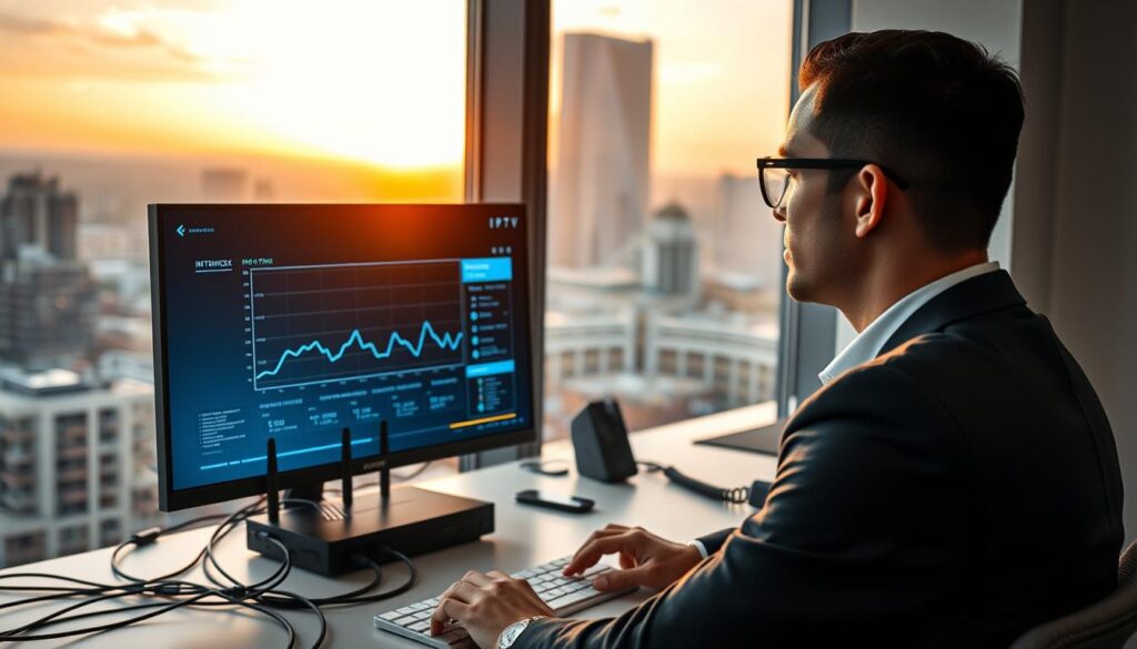A modern office environment featuring a sleek desktop setup with a high-resolution monitor displaying IPTV streaming content, emphasizing the importance of internet connection quality. In the foreground, a focused professional wearing smart business attire analyzes network performance metrics on the screen. The middle layer includes a router with LED indicators glowing to signify strong connectivity, surrounded by cables organized neatly, symbolizing a well-optimized internet connection. In the background, a window reveals a cityscape bathed in warm afternoon light, creating a vibrant yet calm atmosphere. The overall mood conveys efficiency and professionalism, ideal for illustrating the impact of connection quality on IPTV services. A modern office environment featuring a sleek desktop setup with a high-resolution monitor displaying IPTV streaming content, emphasizing the importance of internet connection quality. In the foreground, a focused professional wearing smart business attire analyzes network performance metrics on the screen. The middle layer includes a router with LED indicators glowing to signify strong connectivity, surrounded by cables organized neatly, symbolizing a well-optimized internet connection. In the background, a window reveals a cityscape bathed in warm afternoon light, creating a vibrant yet calm atmosphere. The overall mood conveys efficiency and professionalism, ideal for illustrating the impact of connection quality on IPTV services.
