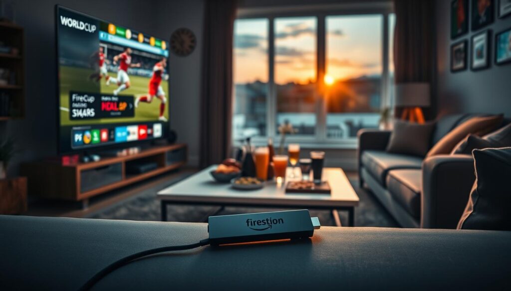 A cozy living room scene highlighting a sleek Amazon Firestick streaming device connected to a large modern TV, displaying a vibrant 4K football match from the World Cup app. In the foreground, the Firestick prominently sits plugged into the TV, showcasing its branding. The middle layer features an assortment of snacks and drinks on a stylish coffee table, enhancing the watch-party atmosphere. The background captures soft lighting, casting a warm glow over the space, with comfortable seating and sports memorabilia adorning the walls. A window reveals a picturesque sunset, creating an inviting ambiance for football fans. The overall mood is vibrant and engaging, perfect for enjoying live sports, with a subtle reference to the "fournisseur IPTV" for enhanced streaming quality. A cozy living room scene highlighting a sleek Amazon Firestick streaming device connected to a large modern TV, displaying a vibrant 4K football match from the World Cup app. In the foreground, the Firestick prominently sits plugged into the TV, showcasing its branding. The middle layer features an assortment of snacks and drinks on a stylish coffee table, enhancing the watch-party atmosphere. The background captures soft lighting, casting a warm glow over the space, with comfortable seating and sports memorabilia adorning the walls. A window reveals a picturesque sunset, creating an inviting ambiance for football fans. The overall mood is vibrant and engaging, perfect for enjoying live sports, with a subtle reference to the "fournisseur IPTV" for enhanced streaming quality.